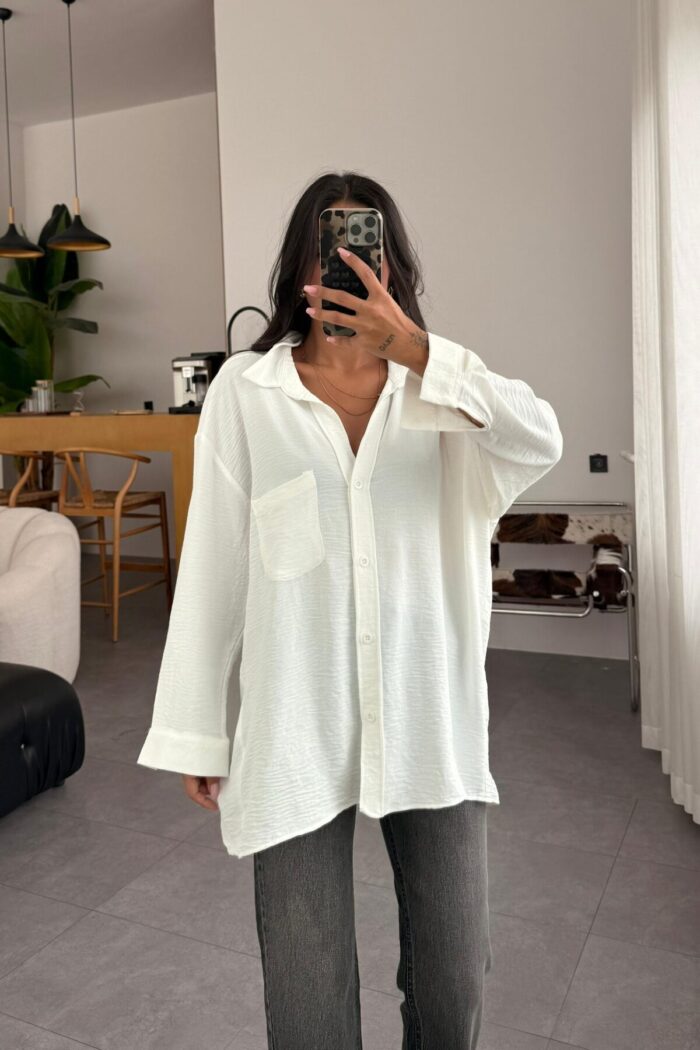 Miya Tek Cepli Oversize Gömlek Beyaz - Görsel 2