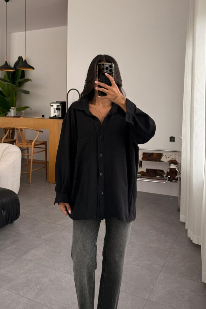 Miya Tek Cepli Oversize Gömlek Siyah - Görsel 2