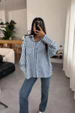 Çizgili Oversize Gömlek Beyaz Sax - Görsel 2