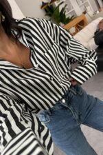 Çizgili Oversize Gömlek Siyah Beyaz - Görsel 3