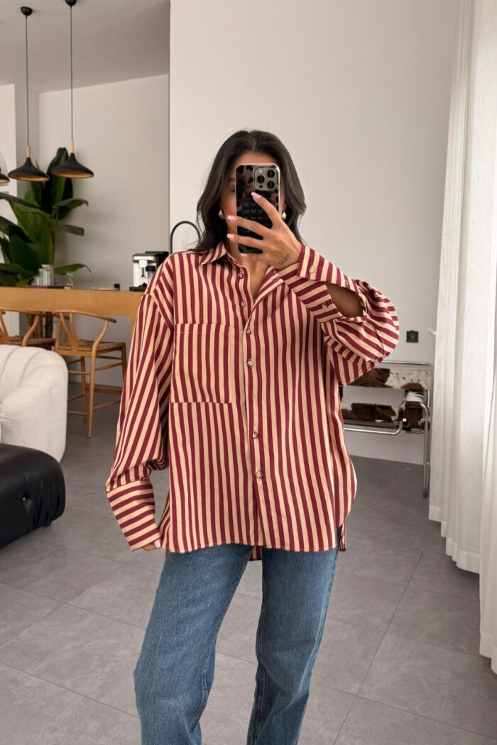Çizgili Oversize Gömlek Bordo Camel - Görsel 2