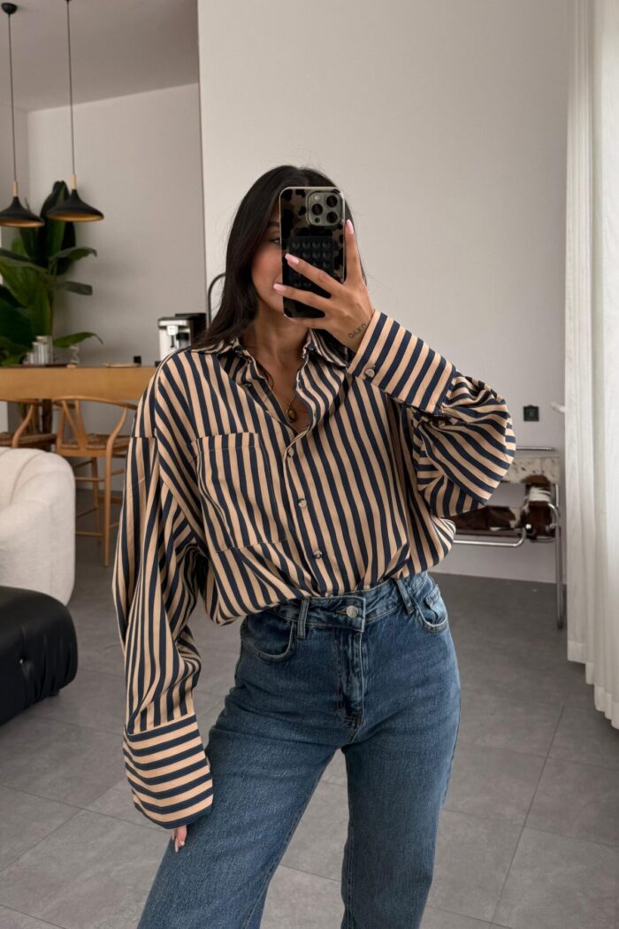 Çizgili Oversize Gömlek Camel Lacivert - Görsel 1