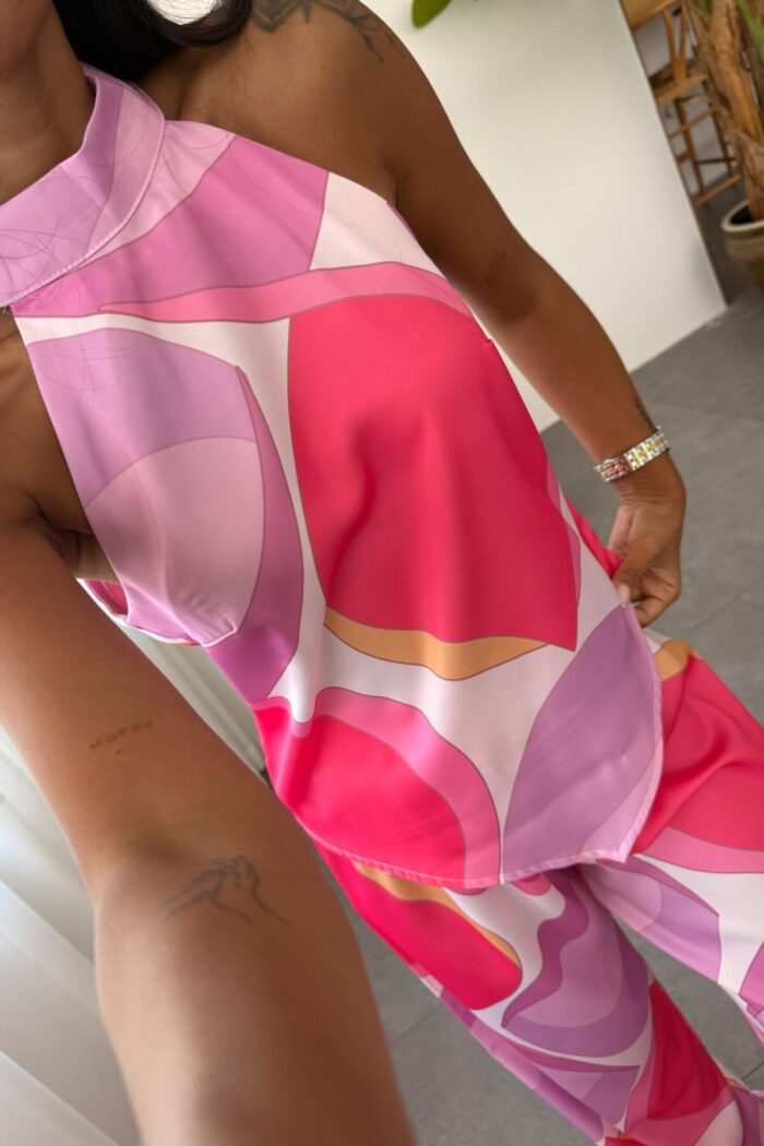 Geometrik Desen Modern Saten Takım Pembe - Görsel 3