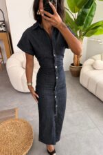 Drapeli Vücuda Oturan Denim Elbise - Görsel 2