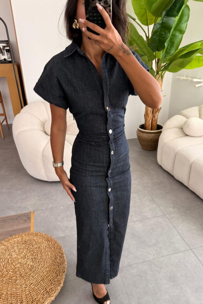 Drapeli Vücuda Oturan Denim Elbise - Görsel 2