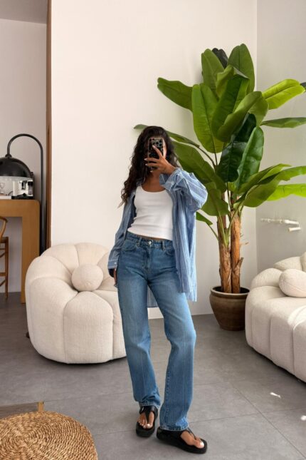 Yıkamalı Mavi Straight Jean
