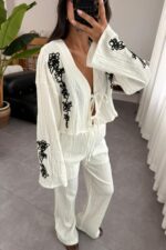 Çiçek Nakışlı Bluz Pantolon Takım Beyaz - Görsel 2