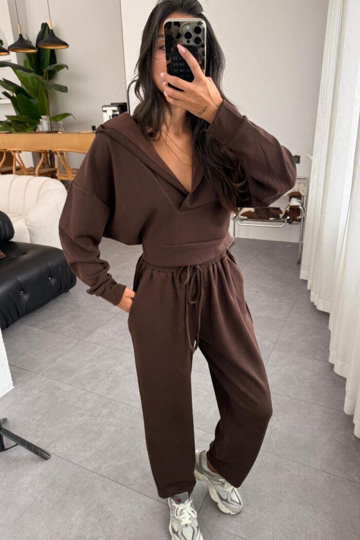 Kapşonlu Sweat Pantolon Takım Kahve - Görsel 2