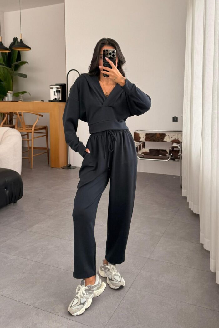 Kapşonlu Sweat Pantolon Takım Füme - Görsel 1