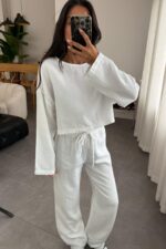 Müslin Uzun Kol Crop Pantolon Takım Beyaz - Görsel 2