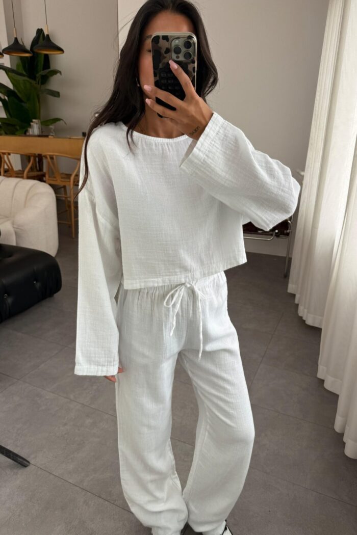 Müslin Uzun Kol Crop Pantolon Takım Beyaz - Görsel 2