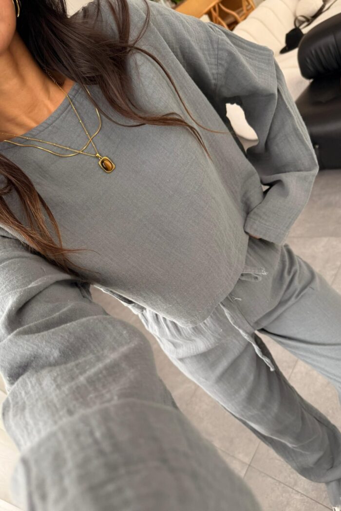 Müslin Uzun Kol Crop Pantolon Takım Gri - Görsel 3