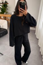 Müslin Uzun Kol Crop Pantolon Takım Siyah - Görsel 2