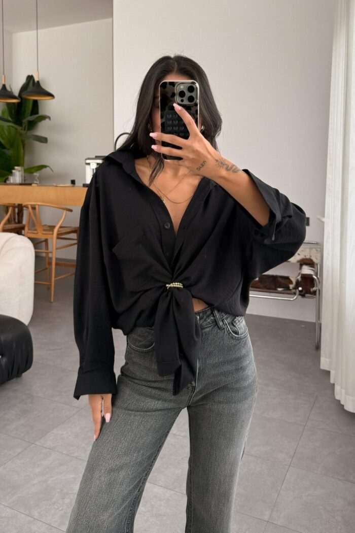 Miya Tek Cepli Oversize Gömlek Siyah - Görsel 1
