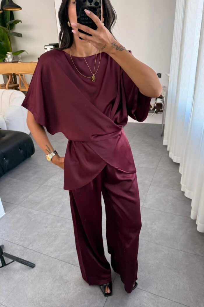Beli Çapraz Bağlamalı Saten Takım Bordo - Görsel 2