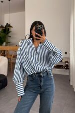 Çizgili Oversize Gömlek Beyaz Sax
