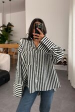 Çizgili Oversize Gömlek Siyah Beyaz - Görsel 2
