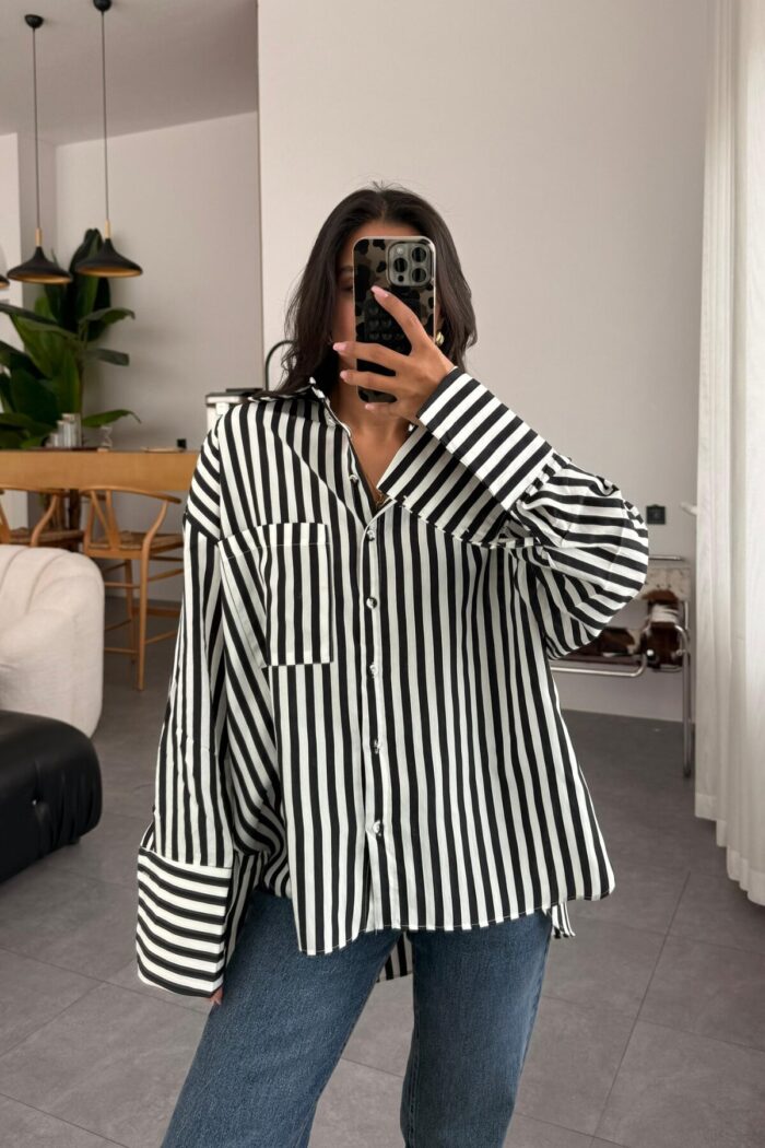 Çizgili Oversize Gömlek Siyah Beyaz - Görsel 2