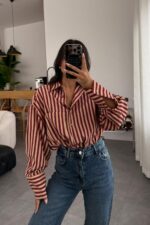 Çizgili Oversize Gömlek Bordo Camel