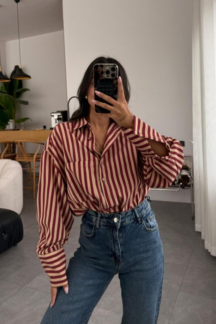 Çizgili Oversize Gömlek Bordo Camel - Görsel 1