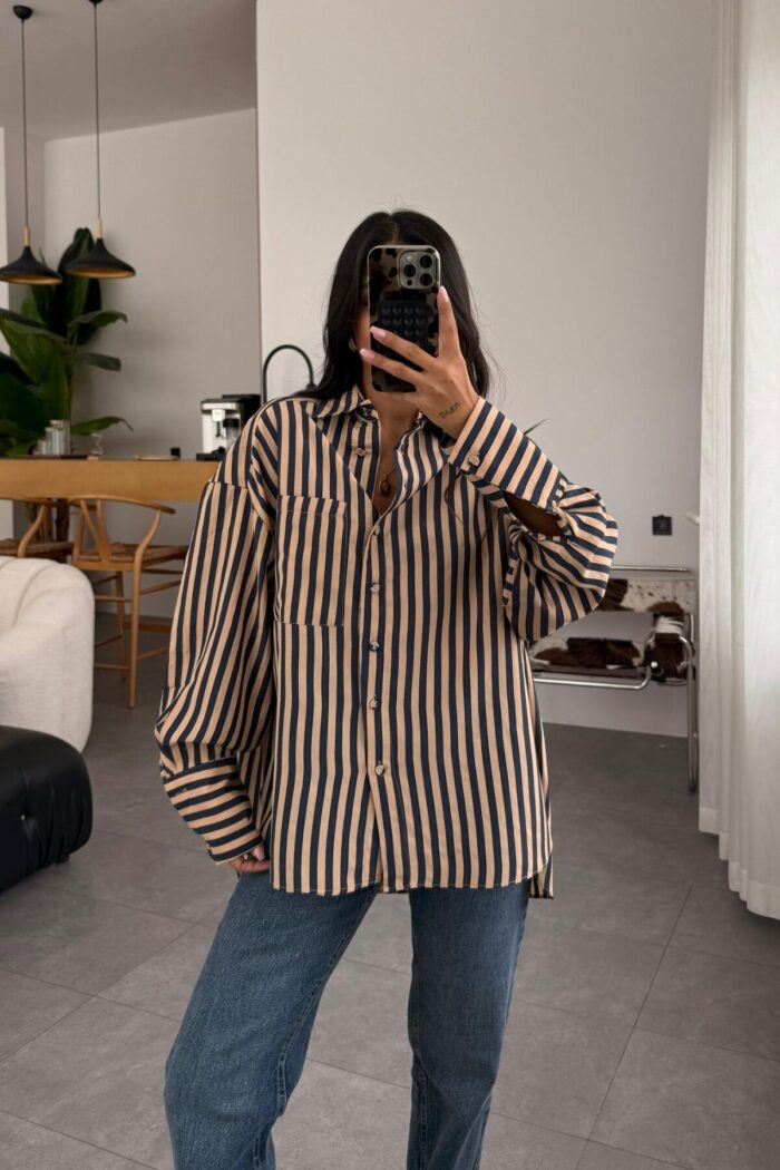 Çizgili Oversize Gömlek Camel Lacivert - Görsel 2