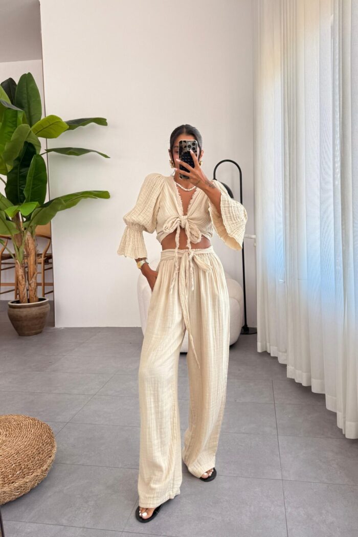 Beli Bağlamalı Müslin Pantolon Natur - Görsel 1