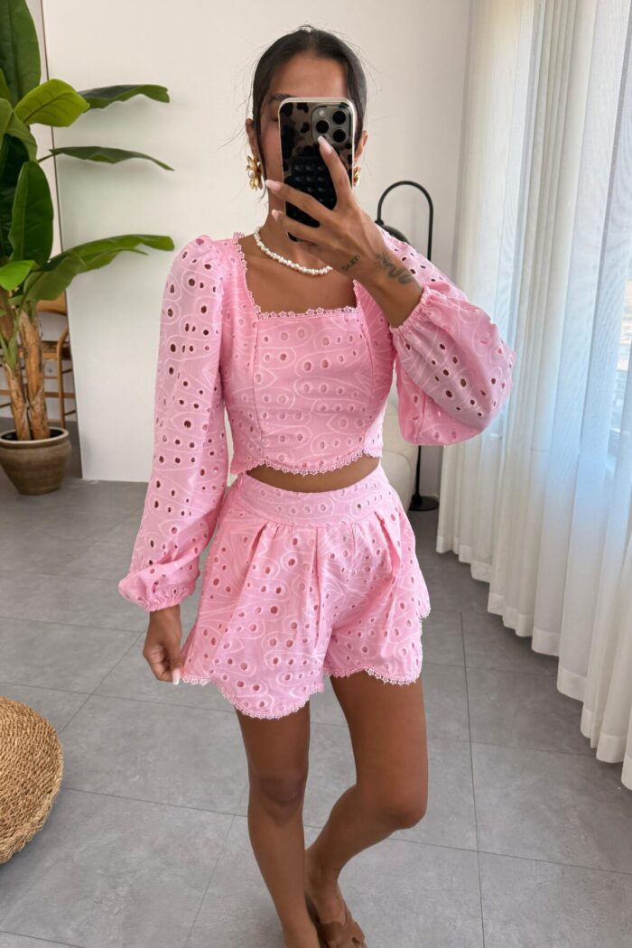 Fistolu Brode Şort Takım Pembe - Görsel 2