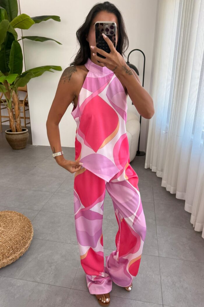 Geometrik Desen Modern Saten Takım Pembe - Görsel 2