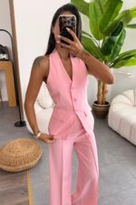 Boyundan Geçirmeli Yelek Pantolon Takım Pembe - Görsel 2
