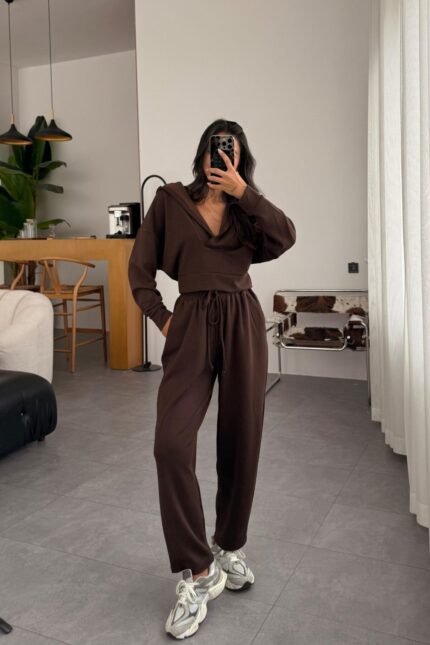 Kapşonlu Sweat Pantolon Takım Kahve