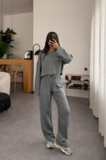 Müslin Uzun Kol Crop Pantolon Takım Gri