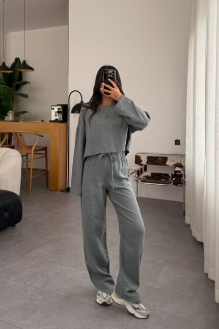 Müslin Uzun Kol Crop Pantolon Takım Gri