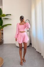 Fistolu Brode Şort Takım Pembe