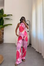 Geometrik Desen Modern Saten Takım Pembe