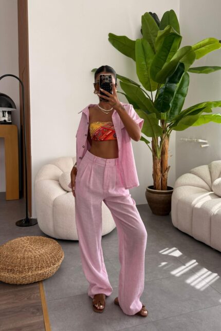 Kolları Katlı Gömlek Pantolon Takım Pembe