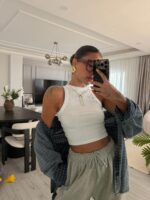 FF Halter Yaka Fitilli Crop Beyaz