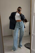 Önü Taşlı Wide Leg Açık Mavi Jean
