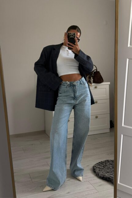 Önü Taşlı Wide Leg Açık Mavi Jean