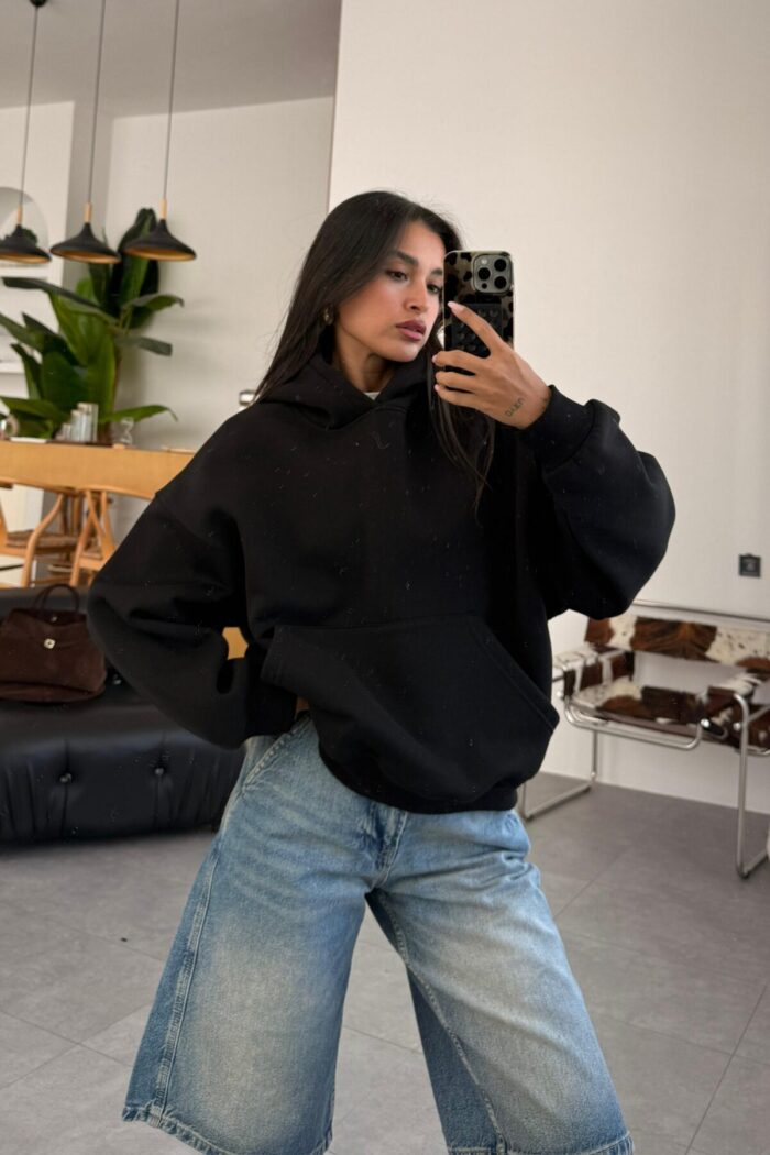 Oversize Kapşonlu Sweat Siyah - Görsel 1