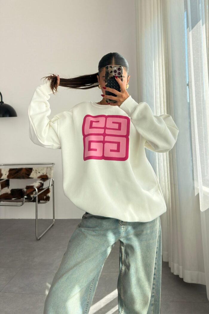 Önü Baskılı Oversize Beyaz Sweat - Görsel 1