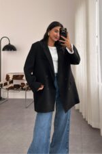 Frame dokulu Blazer Ceket Siyah