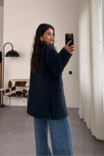 Frame dokulu Blazer Ceket Lacivert - Görsel 3