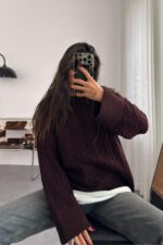 Saç Örgülü Bisiklet Yaka Kazak Bordo - Görsel 2