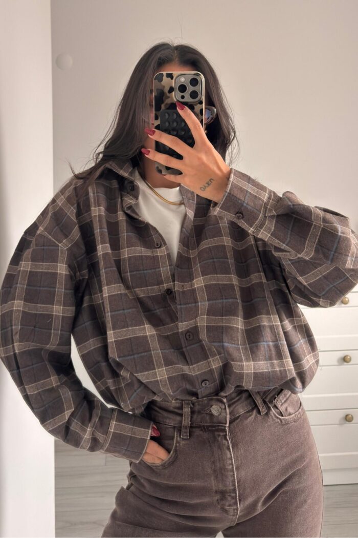 Ekose Oversize Oduncu Gömlek Kahverengi - Görsel 1