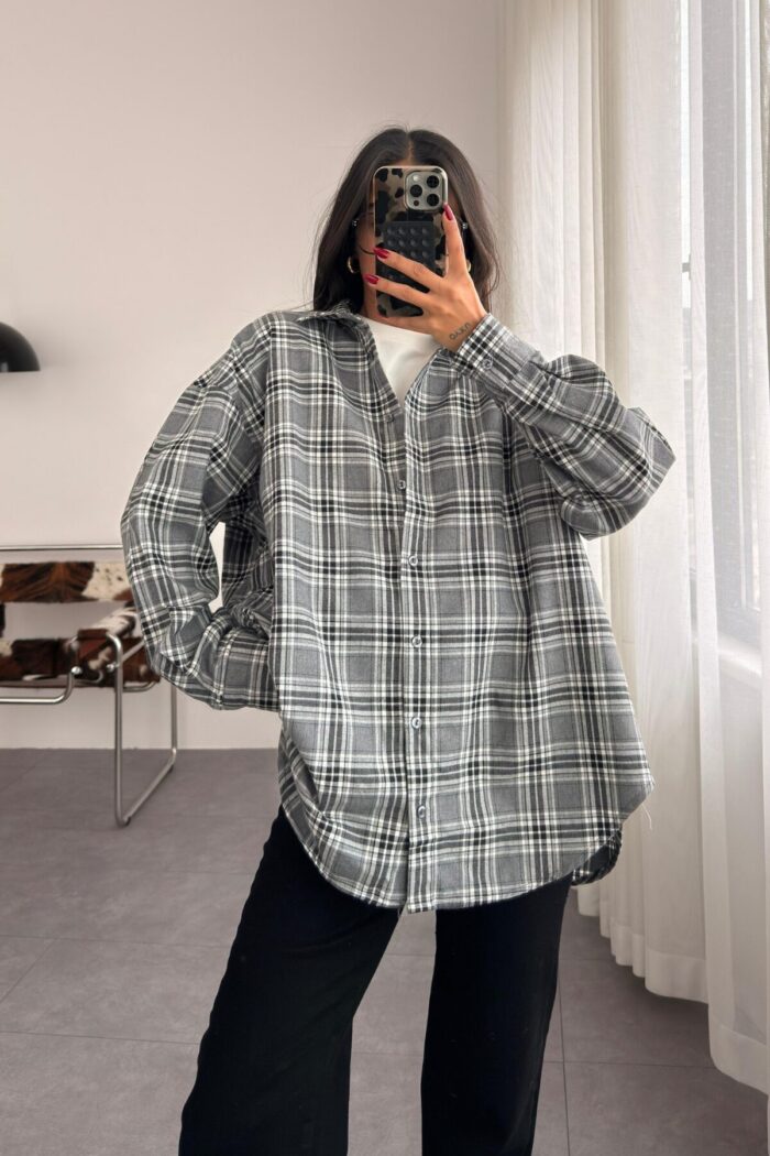 Ekose Oversize Oduncu Gömlek Antrasit - Görsel 1