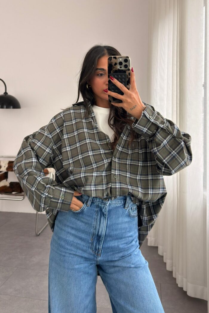 Ekose Oversize Oduncu Gömlek Yeşil - Görsel 2