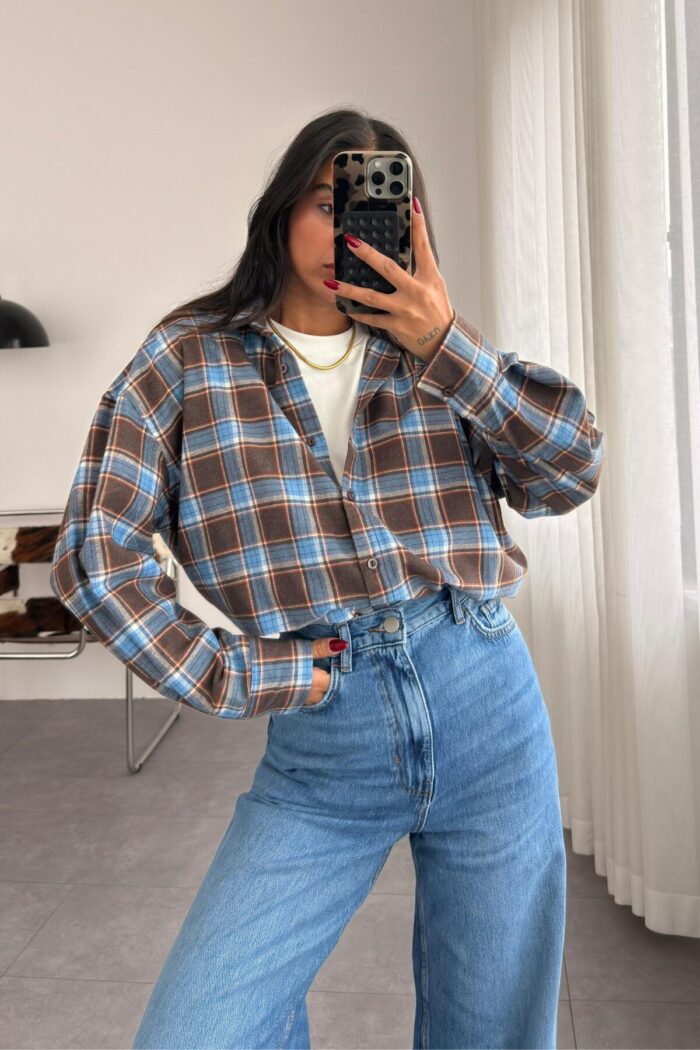 Ekose Oversize Oduncu Gömlek Mavi - Görsel 2