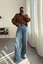 Yuli Kesik Paça Mavi eskitme Jean