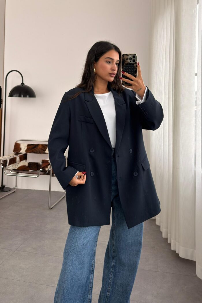Frame dokulu Blazer Ceket Lacivert - Görsel 1