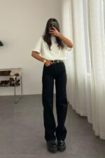 Biana Beli Kemerli Straight Siyah Jean